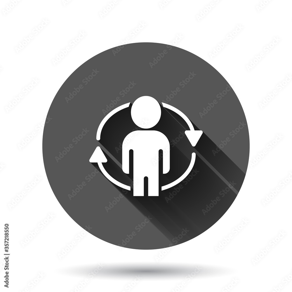 People referral icon in flat style. Business communication vector illustration on black round background with long shadow effect. Reference teamwork circle button business concept. People referral icon in flat style. Business communication vector illustration on black round background with long shadow effect. Reference teamwork circle button business concept.