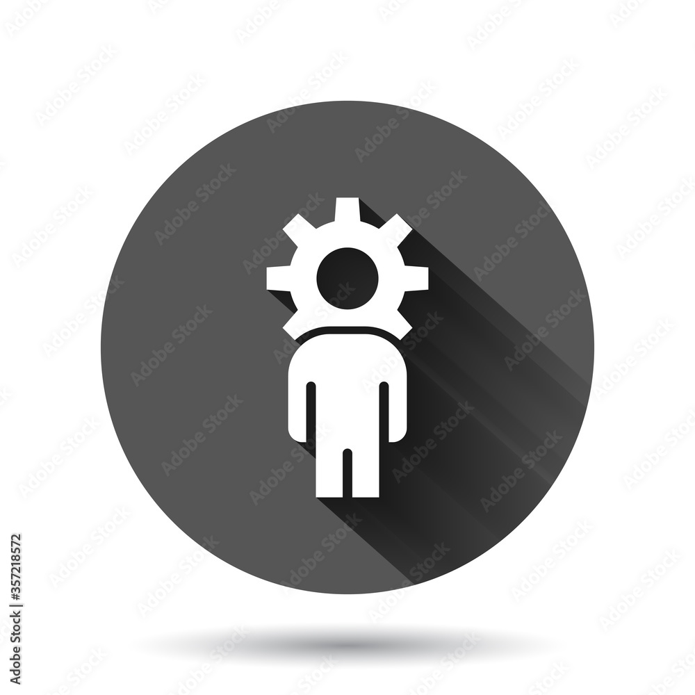 People with gear icon in flat style. Person cogwheel vector illustration on black round background with long shadow effect. Teamwork circle button business concept. People with gear icon in flat style. Person cogwheel vector illustration on black round background with long shadow effect. Teamwork circle button business concept.
