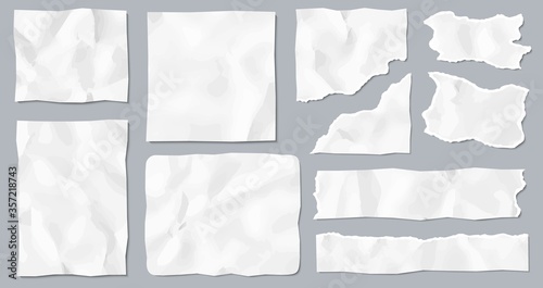 Crumpled paper scraps. Ragged creased sheet, blank or empty page. Realistic torn white note paper pieces in different shape and size isolated on gray background vector illustration.