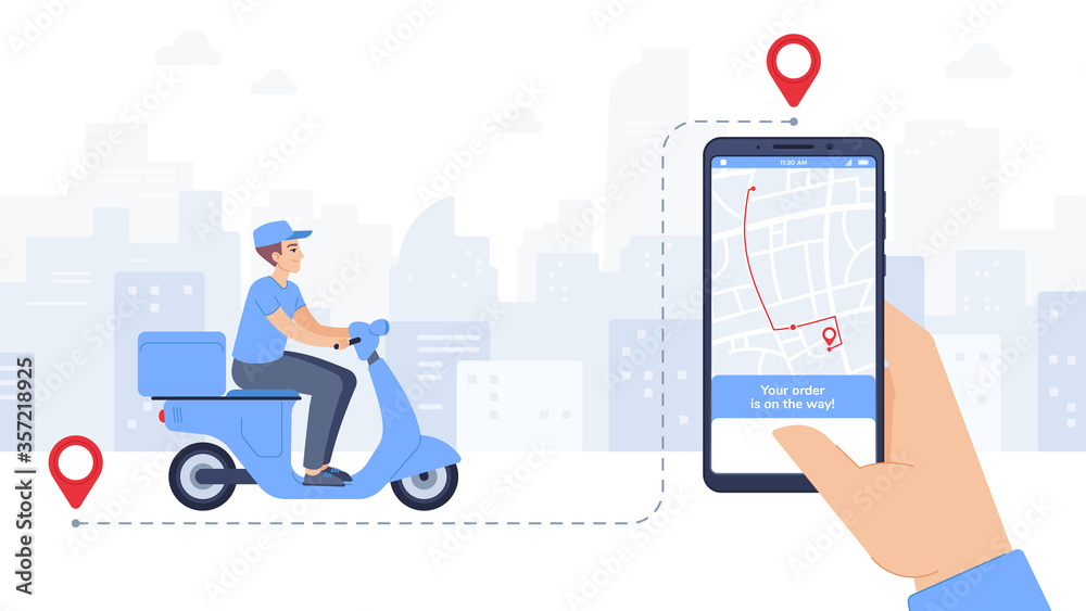 Scooter delivered food mobile app. Online delivery service, courier with parcel on scooter, hand holding smartphone tracking delivery vector concept. Man shipping meal to client illustration. Scooter delivered food mobile app. Online delivery service, courier with parcel on scooter, hand holding smartphone tracking delivery vector concept. Man shipping meal to client illustration.