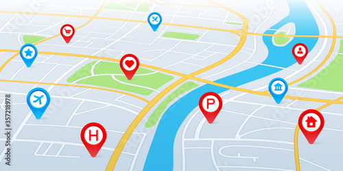 City map in perspective. Gps navigation route with pointers and pins. City roads and residential quarters. Infrastructure, town geo locations vector concept. Urban trip or traveling.