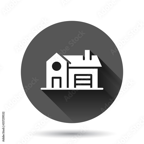 Building icon in flat style. Home vector illustration on black round background with long shadow effect. House circle button business concept. © Lysenko.A