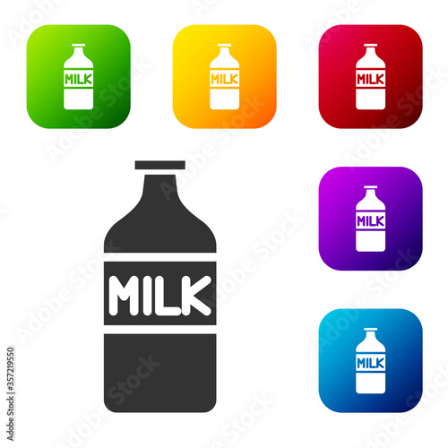 Black Closed glass bottle with milk icon isolated on white background. Set icons in color square buttons. Vector Illustration.