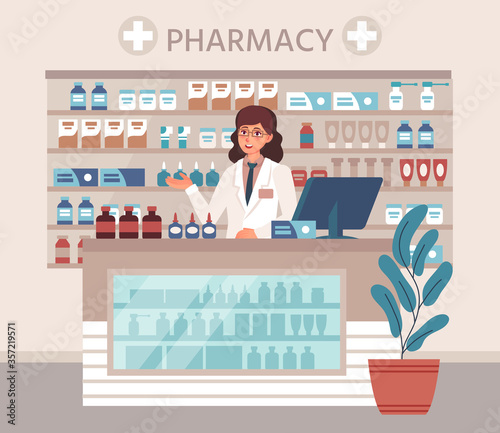 Pharmacist. Pharmaceutical consultant behind counter in drugstore, shelves with medication. Druggist selling pills and medicine. Pharma consultation healthcare vector illustration concept.