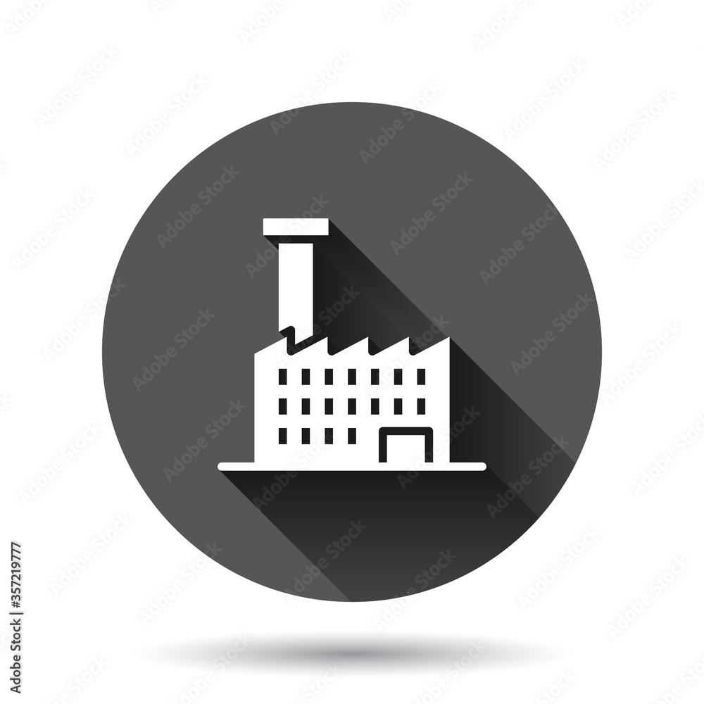 Building icon in flat style. Town skyscraper apartment vector illustration on black round background with long shadow effect. City tower circle button business concept. Building icon in flat style. Town skyscraper apartment vector illustration on black round background with long shadow effect. City tower circle button business concept.
