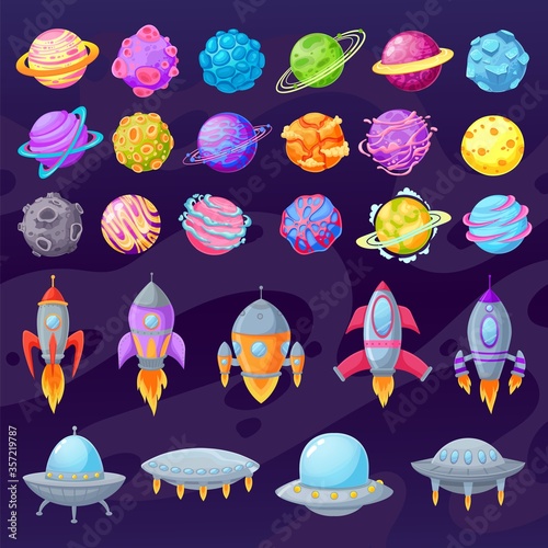 Cartoon planets and spaceships. Alien cartoon ufo and spaceships. UFO unidentified flying object. Fantastic rockets, galaxy elements set for childish cosmic game vector illustration.