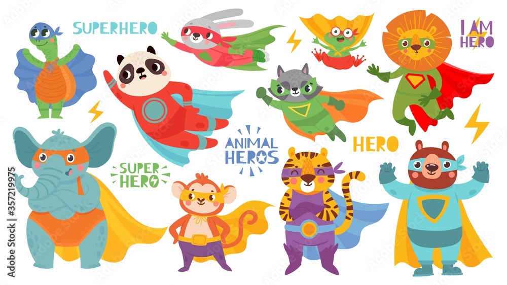 Hero animals wearing costume. Super animal kids with capes and masks. Cute lion, tiger and panda, raccoon and rabbit and bear cartoon vector characters protecting and rescuing world. Hero animals wearing costume. Super animal kids with capes and masks. Cute lion, tiger and panda, raccoon and rabbit and bear cartoon vector characters protecting and rescuing world.