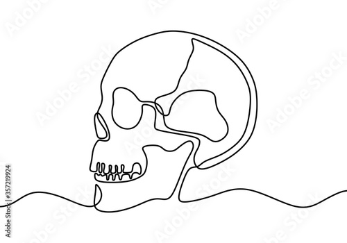 One line human organs design silhouette. Abstract human skull isolated image hand drawn outline white background. Anatomy concept. Continuous line art minimalism style vector illustration.