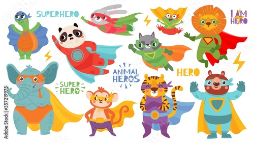 Fototapeta Naklejka Na Ścianę i Meble -  Hero animals wearing costume. Super animal kids with capes and masks. Cute lion, tiger and panda, raccoon and rabbit and bear cartoon vector characters protecting and rescuing world.