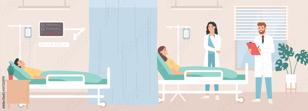 Intensive therapy clinic. Doctors visiting patients in ward, nurse provide hospital care using mechanical ventilation apparatus. Woman and man lying in bed with dropper in clinic room flat vector.
