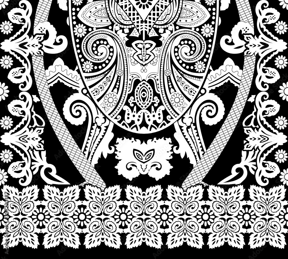 Fototapeta premium ethnic bandana print with ornamental border. Vintage textile collection.
