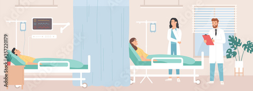 Intensive therapy clinic. Doctors visiting patients in ward, nurse provide hospital care using mechanical ventilation apparatus. Woman and man lying in bed with dropper in clinic room flat vector.