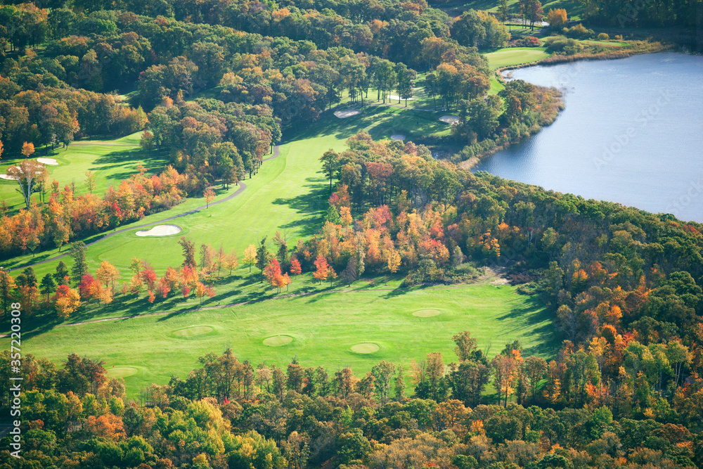 Aerial view of golf course in autumn