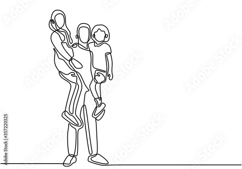 Father and his two children of daughter continuous one line drawing. Happy family concept. Father's day theme. Father and two child playing. Vector design illustration isolated on white background