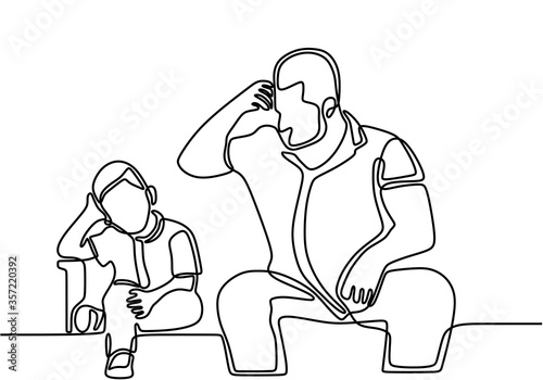 Continuous line drawing of father and son sit and talk. Daddy and his little boy sitting on the bench. The boy jokes by imitating his father's style. Character dad and son. Vector illustration