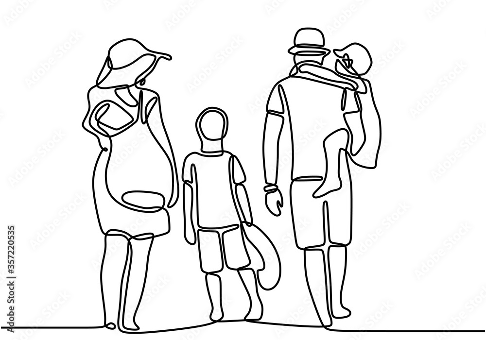 Family holiday continuous line drawing. Father, mother, son and little ...