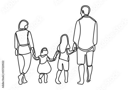 Continuous single line drawing of parents walking with children. Mom and dad spending time with their children to playing together. Parenting characters. Vector design illustration