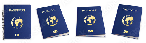 Realistic 3d passport set. International passport cover template for travelling, personal immigration. Blue id document with globe for tourism goal, personal data vector illustration. photo