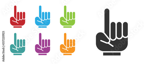 Black Number 1 one fan hand glove with finger raised icon isolated on white background. Symbol of team support in competitions. Set icons colorful. Vector Illustration.
