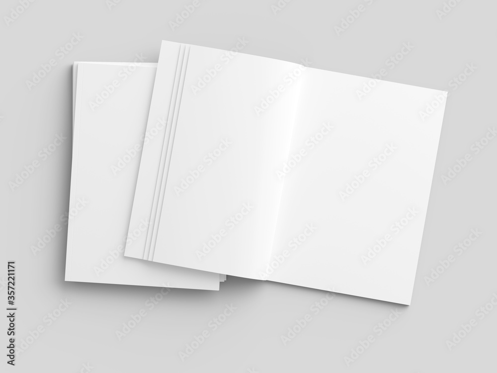 Open magazine with a glued binding. Stack of catalogues. Vertical A4 format. Open magazine with a glued binding. Stack of catalogues. Vertical A4 format.