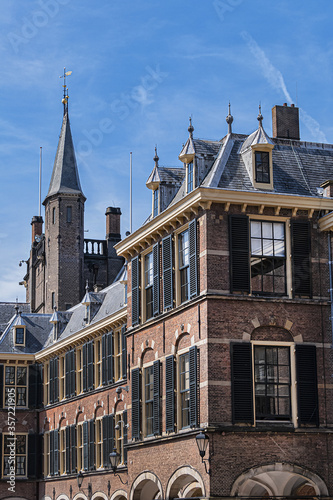 Fragments of the Binnenhof (Inner court) building - 13th century complex of buildings in the city center of Den Haag (The Hague). Netherlands.