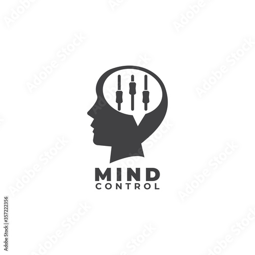 Mind control logo flat design template. Dark Gray Head shilhouette, Speech bubble or callout and equalizer logo concept. Isolated on white background.
