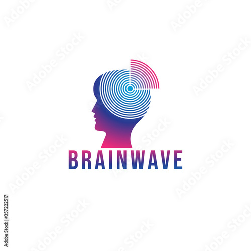 Brainwave logo design template. Silhouette of a people head with signal waves radiating out. Blue Magenta violet purple gradation color. Isolated on white background