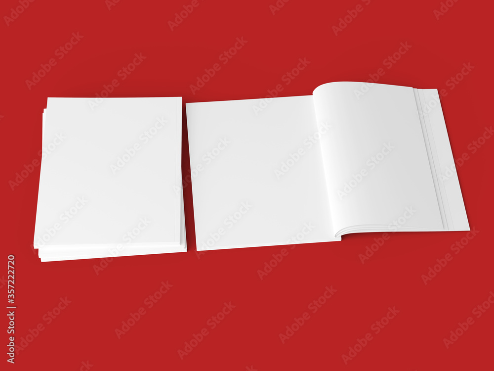 Open magazine with a glued binding. Stack of catalogues. Vertical A4 format. Open magazine with a glued binding. Stack of catalogues. Vertical A4 format.