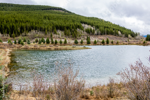 The still waters of Elk Pond. Elk Creek Fish Pond Provincial Recreation Area, Alberta, Canada