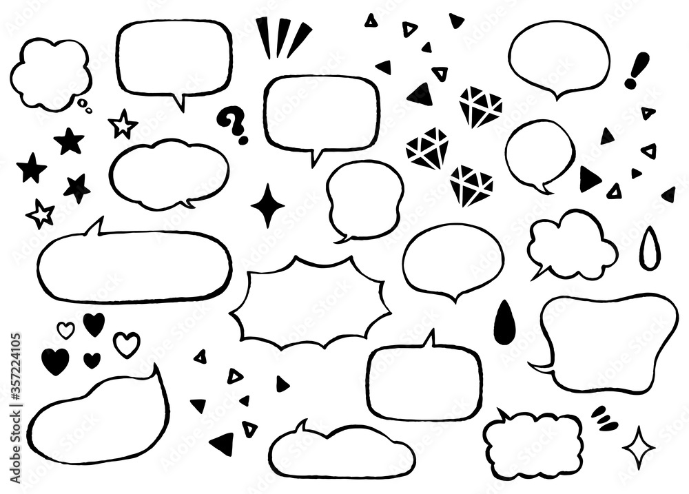 Fototapeta premium 宝石やハート、キラキラが散りばめられた、キュートでファッショナブルな黒い線のベクター風船素材のセット