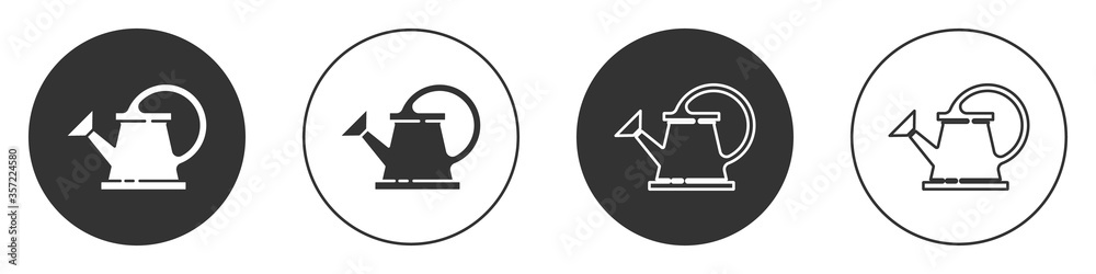 Black Watering can icon isolated on white background. Irrigation symbol. Circle button. Vector Illustration.