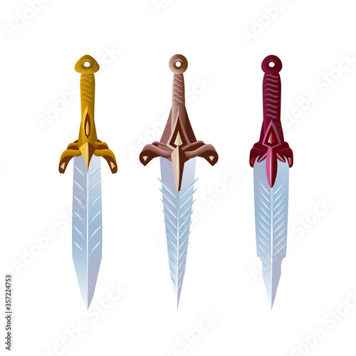 Collection of decorative weapons for games. A set of medieval cartoon swords. Vector illustration.