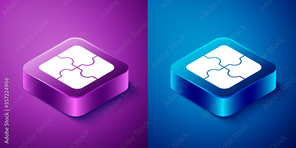 Isometric Piece of puzzle icon isolated on blue and purple background. Business, marketing, finance, template, layout, infographics, internet concept. Square button. Vector Illustration. Isometric Piece of puzzle icon isolated on blue and purple background. Business, marketing, finance, template, layout, infographics, internet concept. Square button. Vector Illustration.