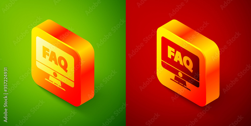 Isometric Computer monitor and FAQ icon isolated on green and red background. Adjusting, service, setting, maintenance, repair, fixing. Square button. Vector Illustration. Isometric Computer monitor and FAQ icon isolated on green and red background. Adjusting, service, setting, maintenance, repair, fixing. Square button. Vector Illustration.