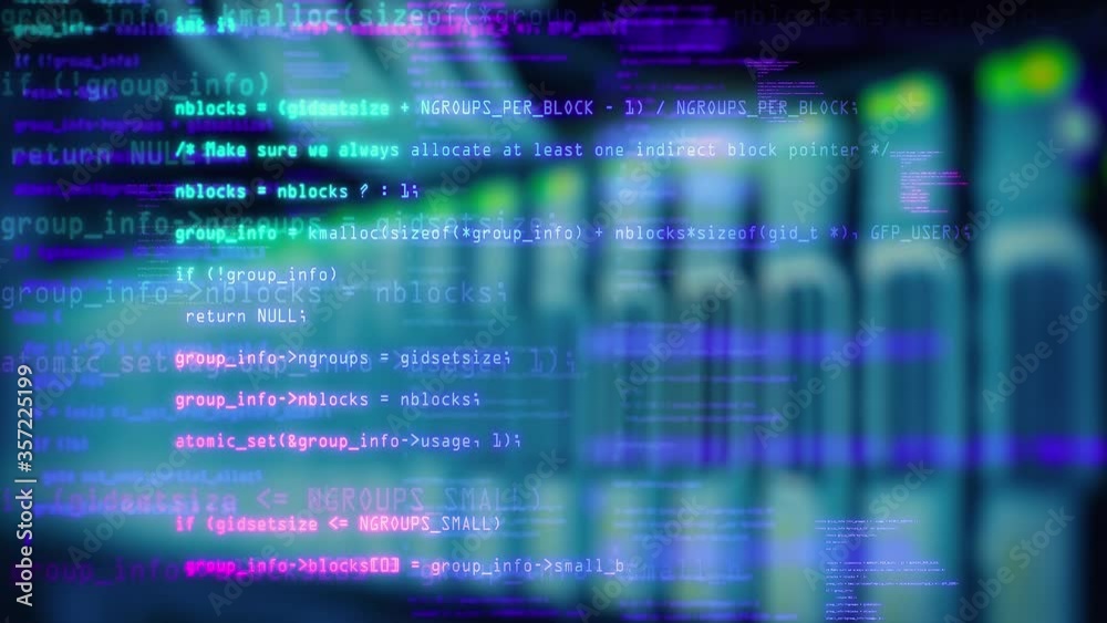 Data flow animation technology. Blocks of abstract program code are written and moved on old screen monitor. Blue and purple code. IT, software development and hacking concept. encrypted security code