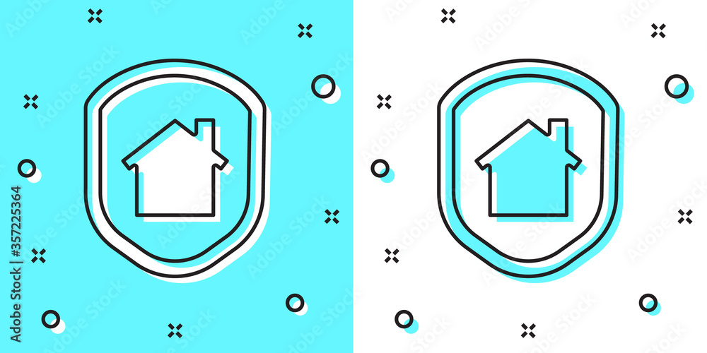Black line House under protection icon isolated on green and white background. Home and shield. Protection, safety, security, protect, defense concept. Random dynamic shapes. Vector Illustration. Black line House under protection icon isolated on green and white background. Home and shield. Protection, safety, security, protect, defense concept. Random dynamic shapes. Vector Illustration.