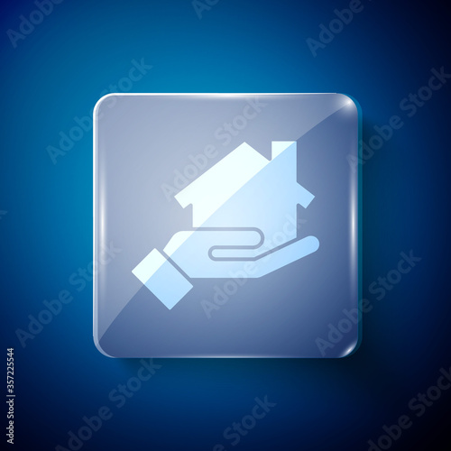 White Realtor icon isolated on blue background. Buying house. Square glass panels. Vector Illustration.