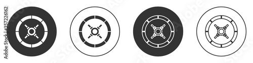 Black Safe icon isolated on white background. The door safe a bank vault with a combination lock. Reliable Data Protection. Circle button. Vector Illustration.