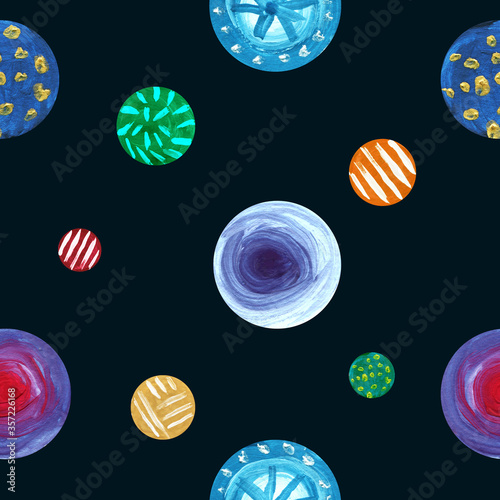 Watercolor seamless pattern. Multi-colored planets, circles on a dark background.