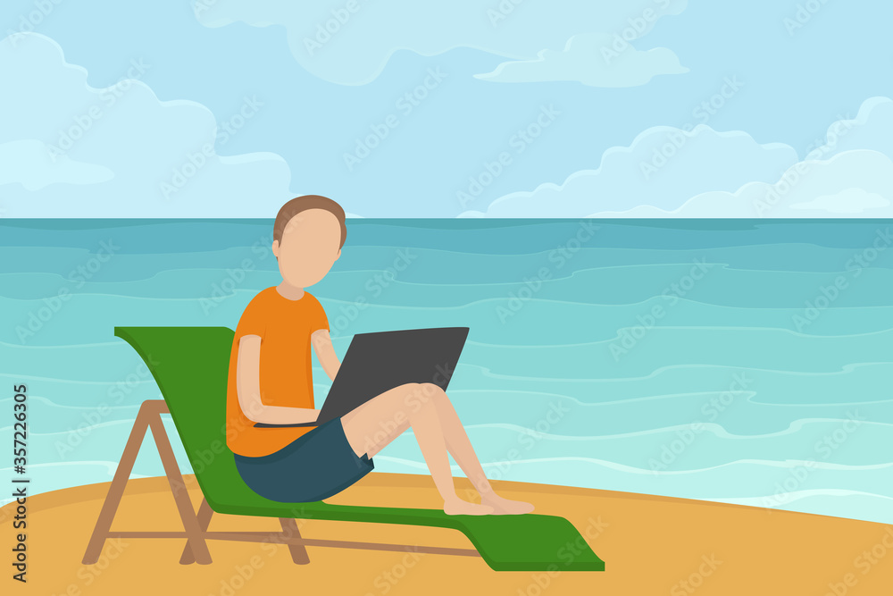 Freelancer sitting in lounger and working on laptop. Vector illustration.