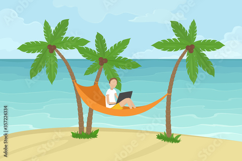 Freelancer sitting in hammock under coconut palms and working on laptop. Vector illustration.