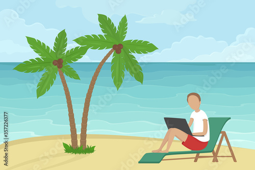 Freelancer sitting in lounger under coconut trees and working on laptop. Vector illustration.