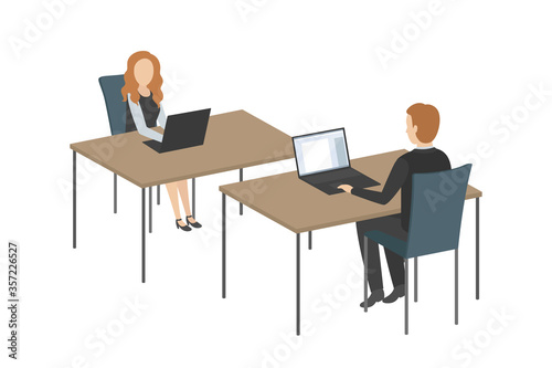 Colleagues sitting at table and working on laptops. Vector illustration.