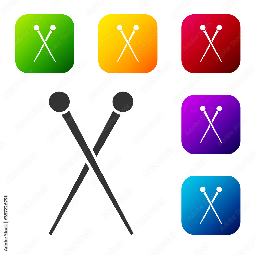 Black Knitting needles icon isolated on white background. Label for hand made, knitting or tailor shop. Set icons in color square buttons. Vector Illustration. Black Knitting needles icon isolated on white background. Label for hand made, knitting or tailor shop. Set icons in color square buttons. Vector Illustration.