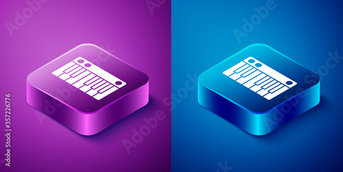 Isometric Music synthesizer icon isolated on blue and purple background. Electronic piano. Square button. Vector Illustration.