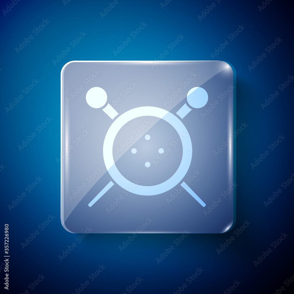 White Sewing button and knitting needles icon isolated on blue background. Clothing button. Square glass panels. Vector Illustration. White Sewing button and knitting needles icon isolated on blue background. Clothing button. Square glass panels. Vector Illustration.