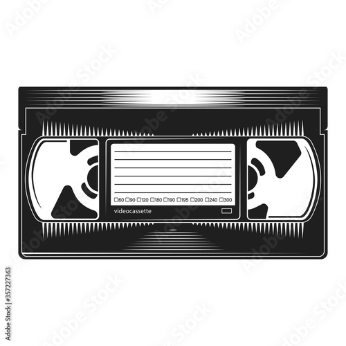 Videocassette. Retro VHS videotape from 90s isolated on a white background. Old record video recorder tape. Vintage style movie storage icon.