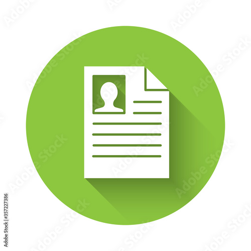 White Resume icon isolated with long shadow. CV application. Searching professional staff. Analyzing personnel resume. Green circle button. Vector Illustration.