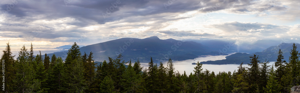 Beautiful Panoramic Canadian Landscape view from top of Mt. Gardener Hike with Howe Sound in Background. Located in Bowen Island, near Vancouver, British Columbia, Canada.