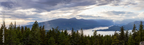 Beautiful Panoramic Canadian Landscape view from top of Mt. Gardener Hike with Howe Sound in Background. Located in Bowen Island  near Vancouver  British Columbia  Canada.